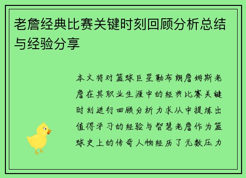 老詹经典比赛关键时刻回顾分析总结与经验分享
